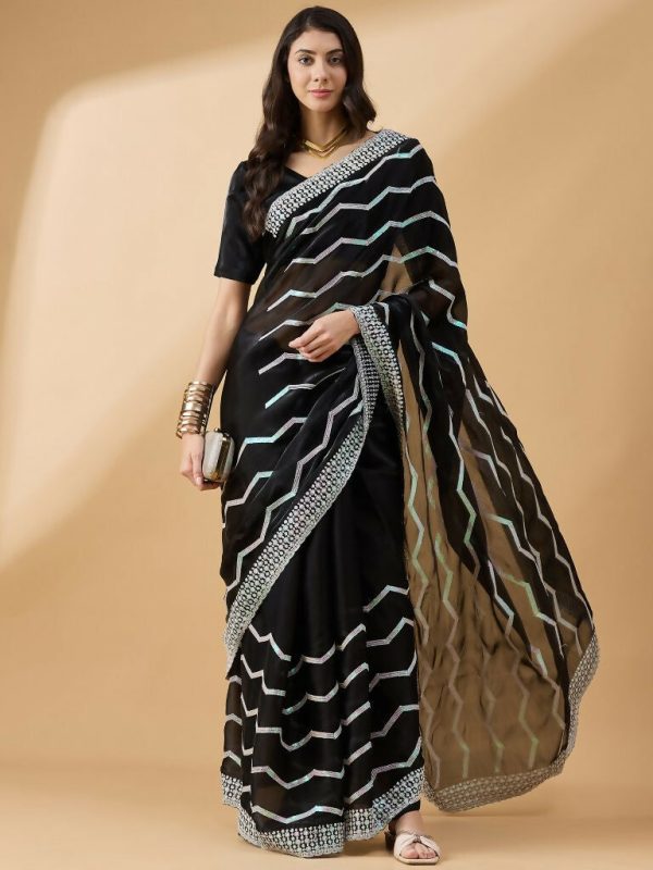 Black Tissue Slub Embroidered Saree with Unstitched Blouse - Vairagi Discount