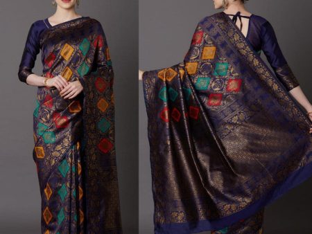 Malishka Silk Jacquard Rich Pallu Saree With Blouse Piece - Navy Blue Sale