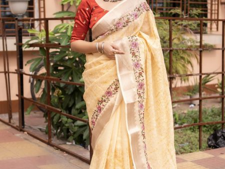 Yellow Pure Linen Woven Design Saree with Unstitched Blouse - Hiral Fashion Online