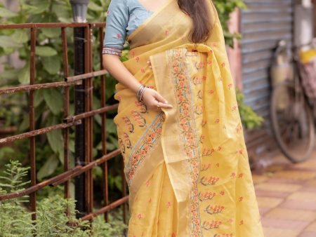 Yellow Pure Linen Ethnic Motifs Saree with Unstitched Blouse - Hiral Fashion Hot on Sale