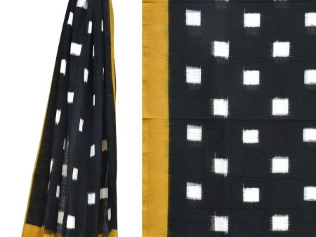 Yellow and Black Pochampally Ikat Cotton Handloom Dupatta with Square Buta Design - Global Threads Online