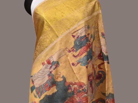 Yellow Kalamkari Hand Painted Kanchipuram Silk Handloom Dupatta with Painting Design - Global Threads Cheap