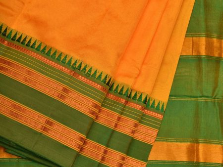 Yellow and Green Narayanpet Silk Handloom Plain Saree with Traditional Border Design No Blouse - Global Threads Online now