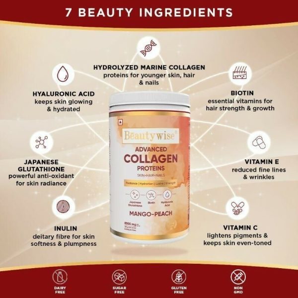 Beautywise Advanced Marine Collagen Anti-Aging Powder - Glutathione, HA & Biotin - Mango-Peach For Discount