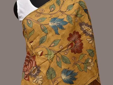 Yellow Kalamkari Hand Painted Sico Stole with Floral Design - Global Threads For Sale