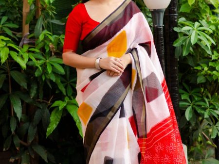 White Polycotton Ethnic Motifs Saree with Unstitched Blouse - Hiral Fashion Online Hot Sale