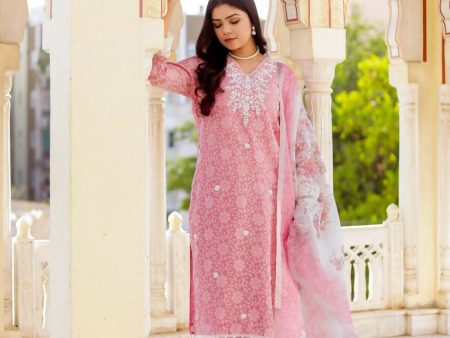 Vaasva Women Candy Pink Linen Printed Kurta, Pant & Dupatta set Online now