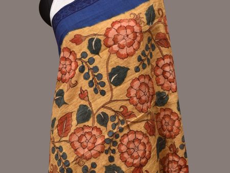 Yellow and Blue Kalamkari Hand Painted Cotton Tussar Cotton Handloom Dupatta with Floral and Embroidery Design - Global Threads For Cheap