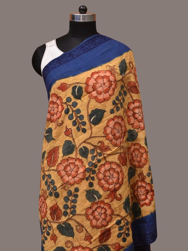 Yellow and Blue Kalamkari Hand Painted Cotton Tussar Cotton Handloom Dupatta with Floral and Embroidery Design - Global Threads For Cheap