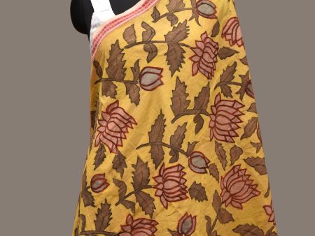 Yellow Kalamkari Hand Painted Cotton Handloom Dupatta with Lotus Flowers Design - Global Threads Online now