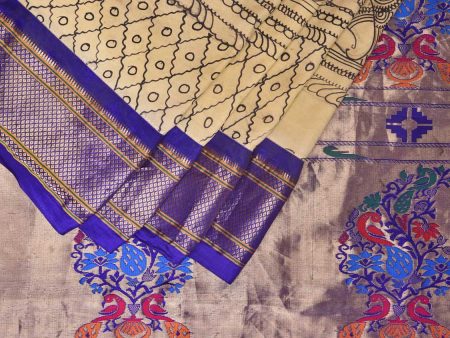 Cream and Blue Kalamkari Hand Painted Paithani Silk Handloom Saree with Ramayana Design - Global Threads Online Hot Sale