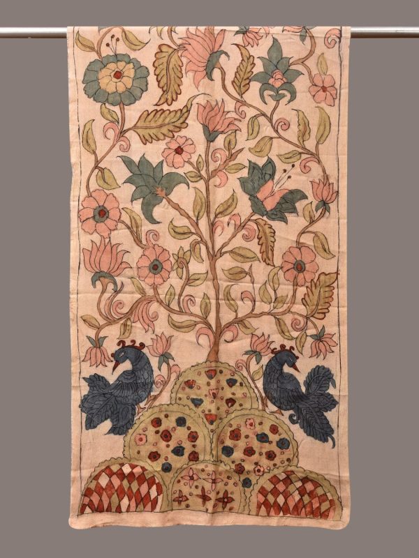 Cream Kalamkari Hand Painted Sico Stole with Tree of Life Design - Global Threads on Sale