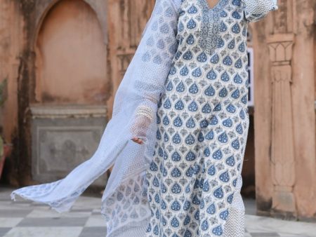 Indian Fashion Women White Printed Viscose Rayon Kurta And Palazzo Set Hot on Sale