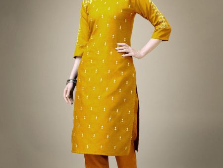 Malishka Women s Embroidered Yellow Cotton Blend Kurta Pant Set Fashion