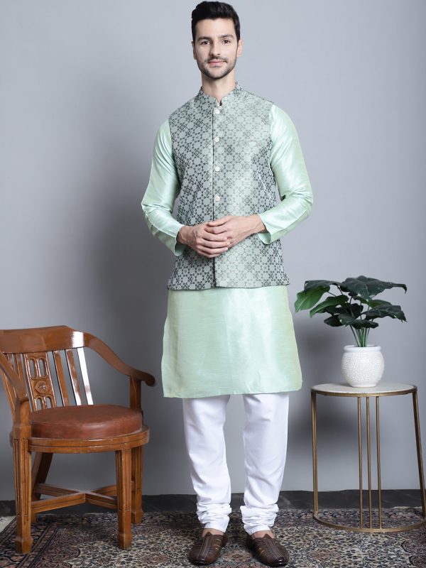 Jompers Men s Woven Design Nehru Jacket With Kurta Pyjama Set - Pista Supply