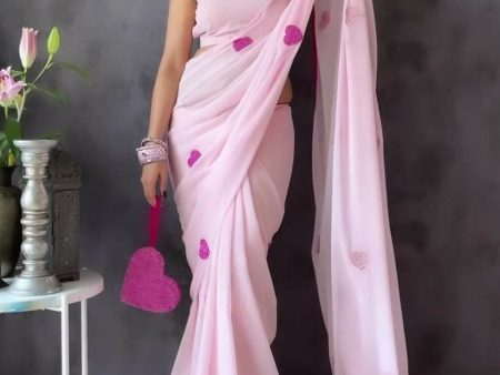 Malishka Georgette Heart Embroidery Ready To Wear Saree With Blouse Piece - Pink Online