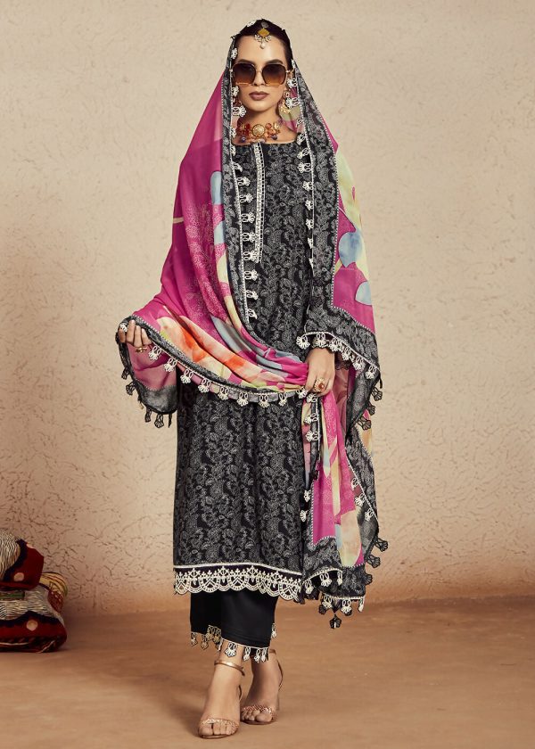 Muslin Cotton Digital Print & Embroidered Black Salwar Suit - Emponline Hot on Sale