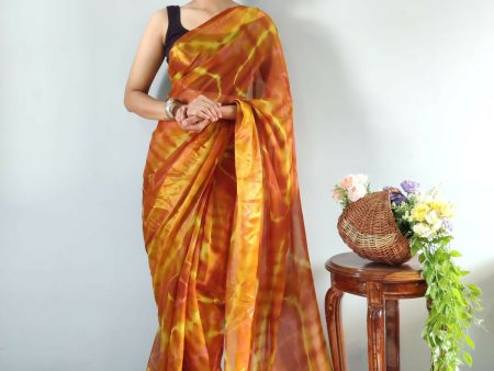 Malishka Chiffon Printed Ready To Wear Saree With Blouse Piece - Yellow For Cheap