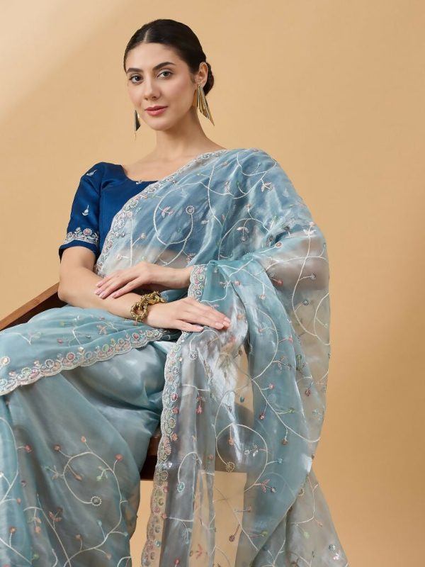 Blue Organza Sequence Embroidered Saree with Unstitched Blouse - Satya For Sale