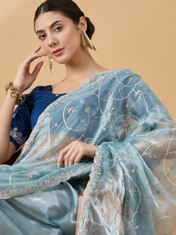 Blue Organza Sequence Embroidered Saree with Unstitched Blouse - Satya For Sale