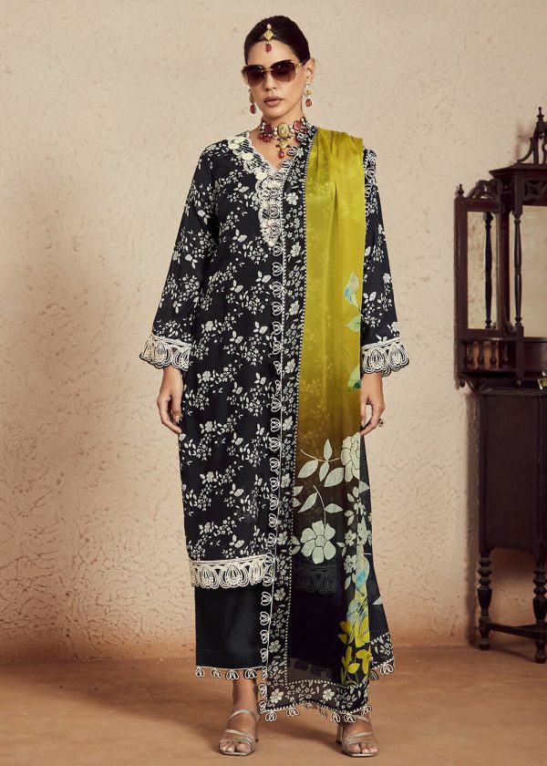 Black Muslin Cotton Digital Print & Embroidered Salwar Suit - Emponline Hot on Sale