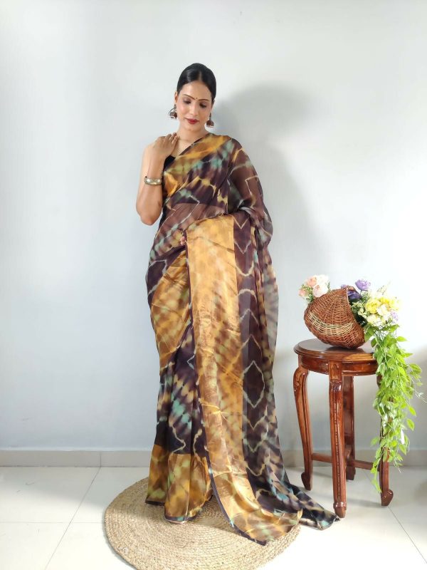 Malishka Chiffon Printed Ready To Wear Saree With Blouse Piece - Brown For Cheap