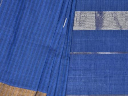 Blue Khadi Cotton Handloom Saree with Zari Strips Design - Global Threads Online Sale