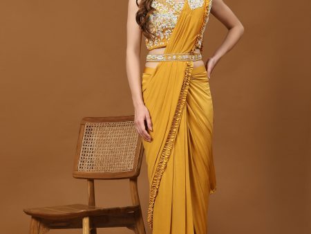 Yellow Lycra Solid Ready to wear Saree with stitched Blouse - Vanita Online Sale