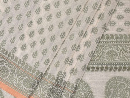 Cream and Light Green Cut Work Sico Cotton Saree with All Over and Border Design - Global Threads Supply