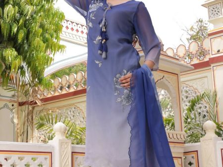 Vaasva Women Blue Tabby Slik Print & Embroidered Kurta, Pant & Dupatta Set Sale