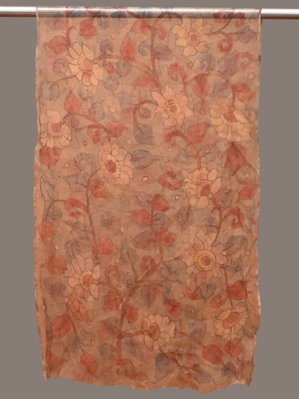 Cream Kalamkari Hand Painted Organza Stole with Floral Design - Global Threads Online Sale