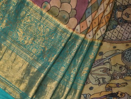 Turquoise and Burgundy Kalamkari Hand Painted Kanchipuram Silk Handloom Saree with Ramayan Theme Design - Global Threads Fashion