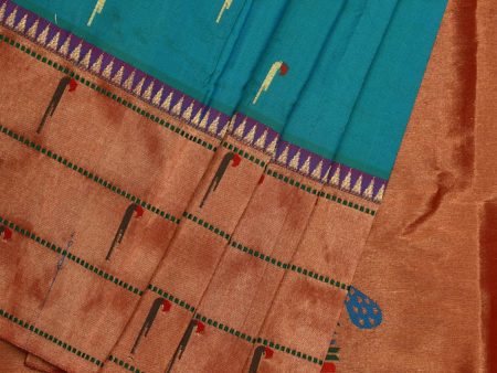 Sea Blue Paithani Silk Handloom Saree with Triple Muniya Border Design - Global Threads For Sale