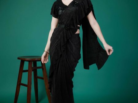 Black Imported Crush Solid Ready to Wear Saree with stitched Blouse - Aayan on Sale