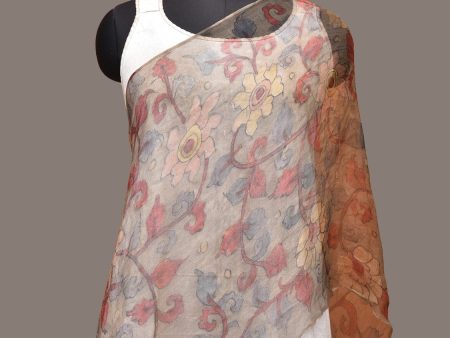 Cream Kalamkari Hand Painted Organza Stole with Floral Design - Global Threads Online Sale