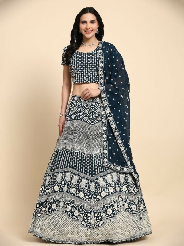 Blue Georgette Thread Embroidered Lehenga Choli with Dupatta - Tanya Supply