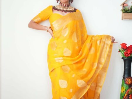 Malishka Cotton Silk Jacquard Ready To Wear Saree With Blouse Piece - Yellow Online now