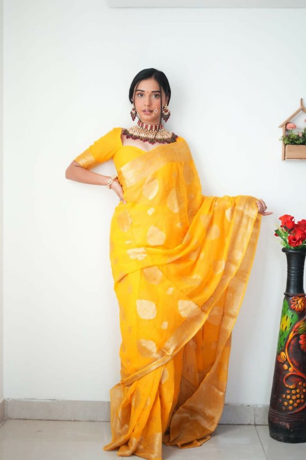 Malishka Cotton Silk Jacquard Ready To Wear Saree With Blouse Piece - Yellow Online now