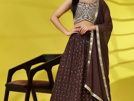 Brown Georgette Embroidered Lehenga choli with Dupatta - Dhara For Cheap