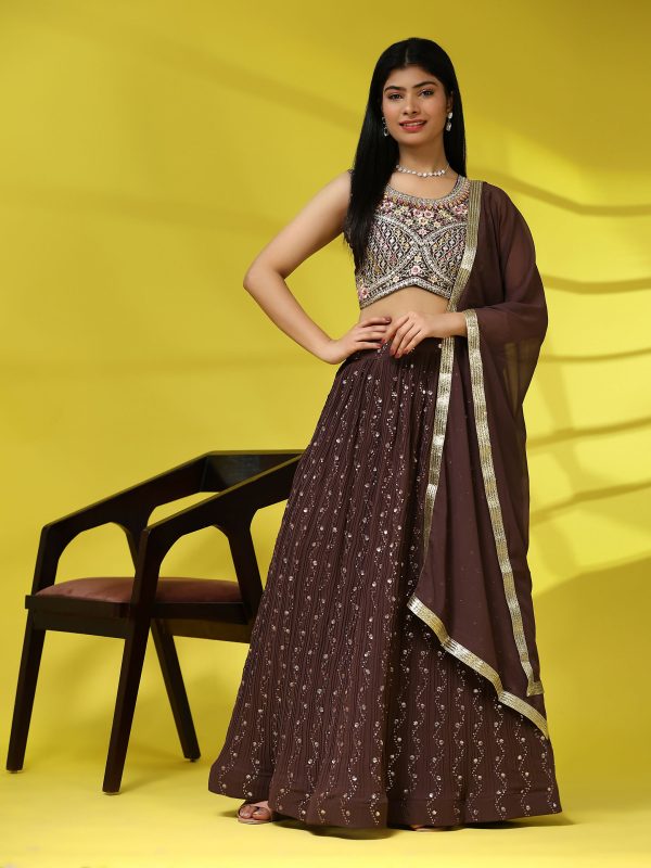 Brown Georgette Embroidered Lehenga choli with Dupatta - Dhara For Cheap