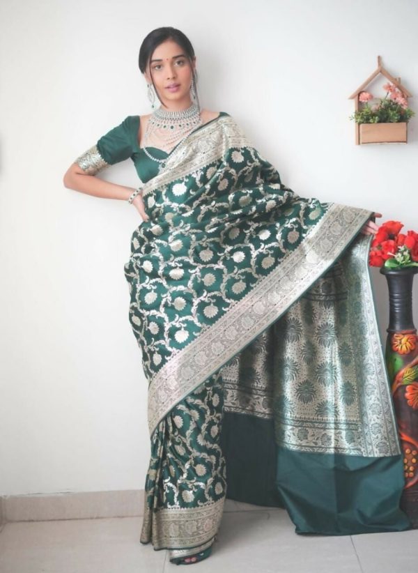 Malishka Banarasi Silk Jacquard Ready To Wear Saree With Blouse Piece - Dark Green Discount