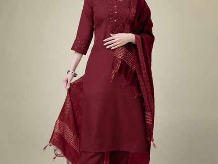 Malishka Women s Embroidered Maroon Cotton Blend Kurta Pant Dupatta Set Online now