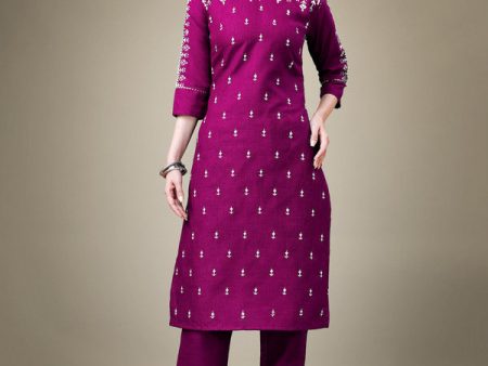 Malishka Women s Embroidered Purple Cotton Blend Kurta Pant Set Online