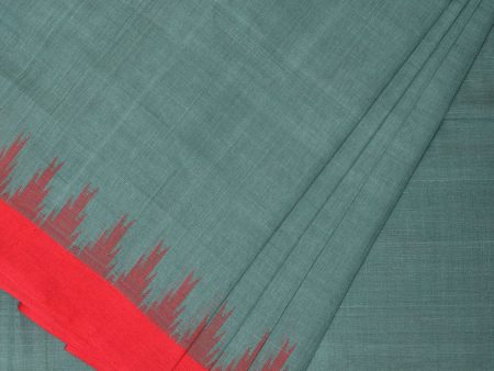 Sea Blue Khadi Cotton Handloom Plain Saree with Temple Border Design - Global Threads Cheap