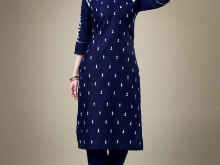 Malishka Women s Embroidered Navy Blue Cotton Blend Kurta Pant Set Cheap