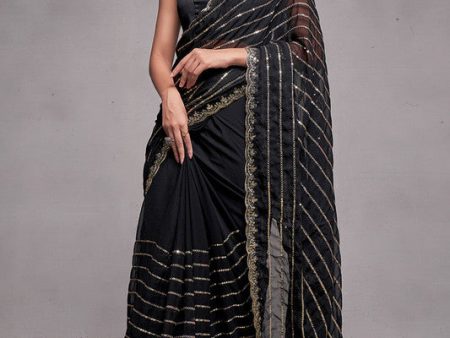 Malishka Georgette Sequence Embroidery Black Party Wear Saree With Blouse Piece on Sale