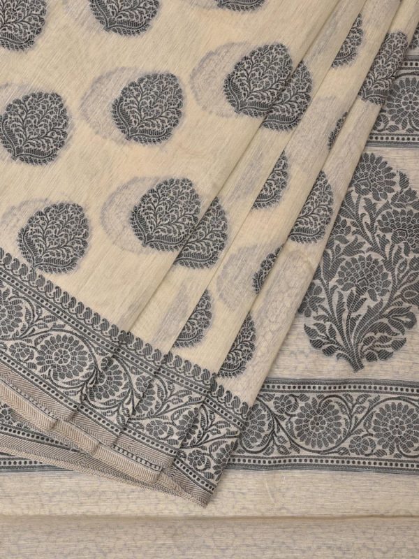 Cream and Black Cut Work Sico Cotton Saree with Body Buta and Border Design - Global Threads Cheap