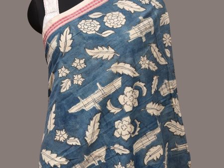 Blue Kalamkari Hand Painted Cotton Handloom Dupatta with Leaves and Doby Border Design - Global Threads on Sale