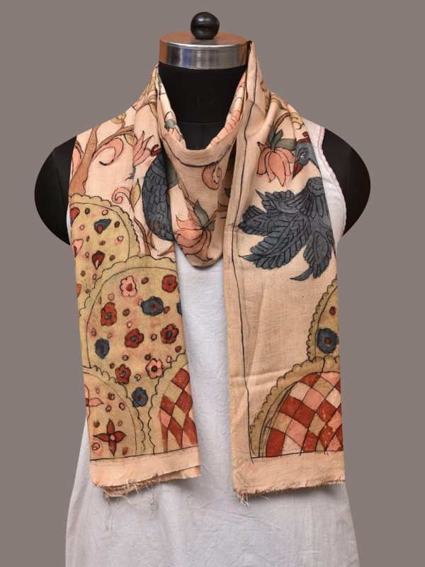 Cream Kalamkari Hand Painted Sico Stole with Tree of Life Design - Global Threads on Sale