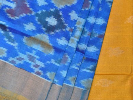 Blue and Yellow Uppada Silk Handloom Saree with Buta and Ikat Border Design - Global Threads Online now